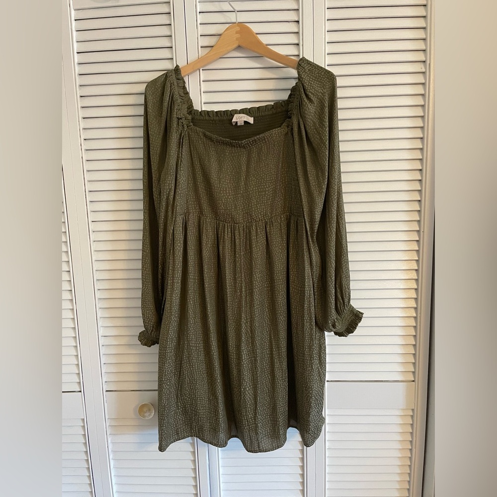LOFT Square Neck Olive Green Long Sleeve Babydoll Holiday Dress, size L